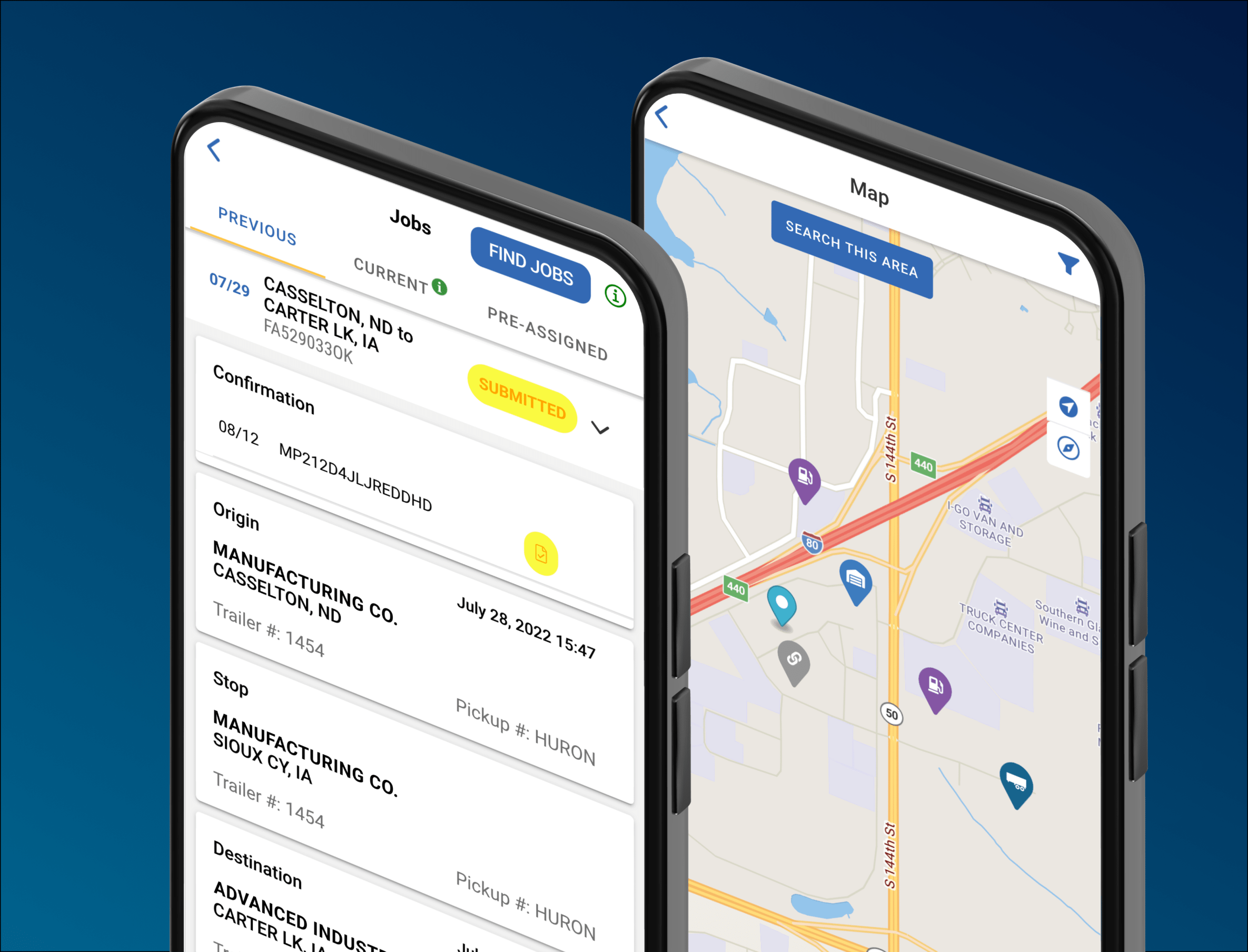 Drive Werner Pro app screens showing job search and document access