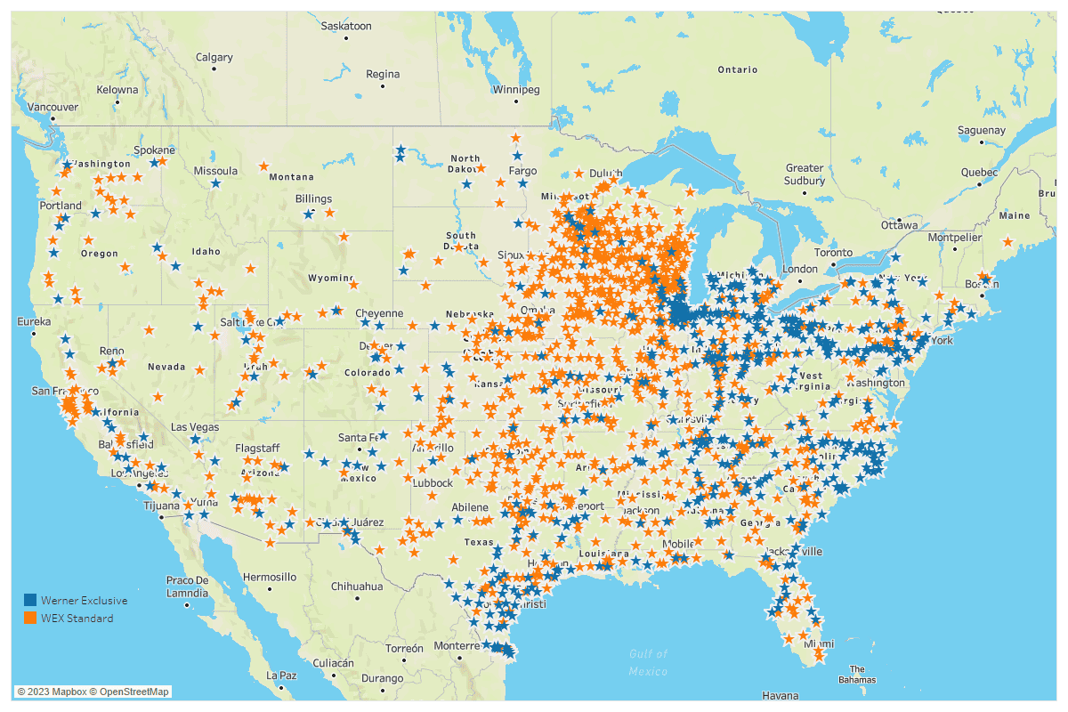 Map of Werner fuel discount locations across the U.S.