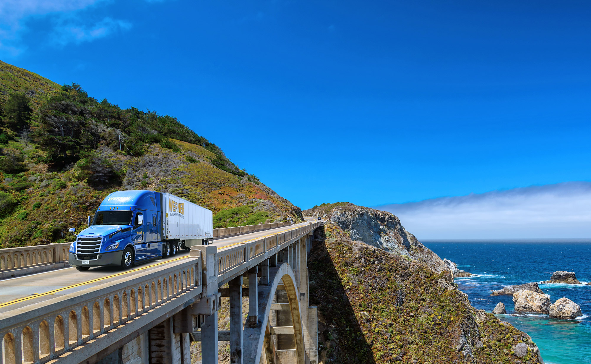Werner truck on highway providing dedicated shipping services